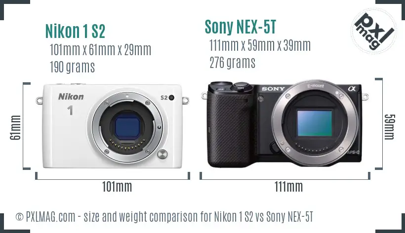 Nikon 1 S2 vs Sony NEX-5T size comparison