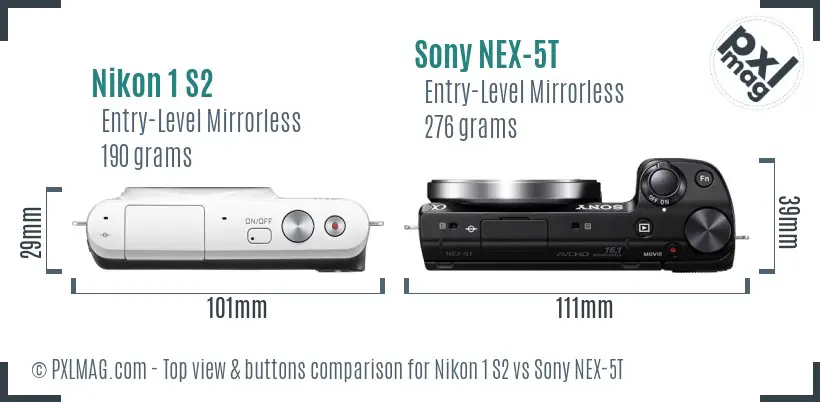 Nikon 1 S2 vs Sony NEX-5T top view buttons comparison