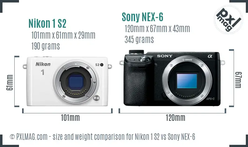 Nikon 1 S2 vs Sony NEX-6 size comparison