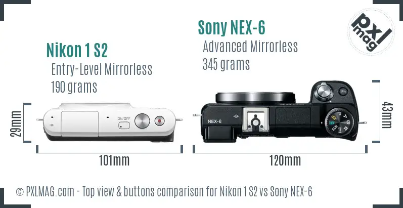 Nikon 1 S2 vs Sony NEX-6 top view buttons comparison