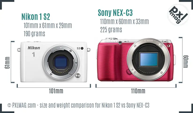 Nikon 1 S2 vs Sony NEX-C3 size comparison
