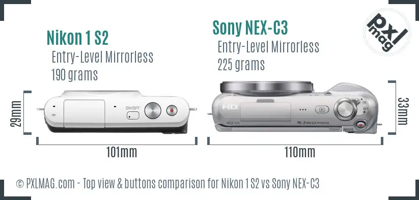 Nikon 1 S2 vs Sony NEX-C3 top view buttons comparison