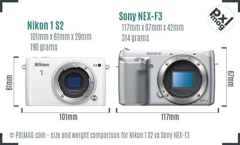 Nikon 1 S2 vs Sony NEX-F3 size comparison