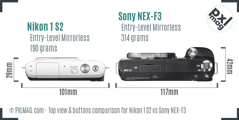 Nikon 1 S2 vs Sony NEX-F3 top view buttons comparison