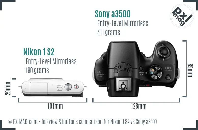 Nikon 1 S2 vs Sony a3500 top view buttons comparison