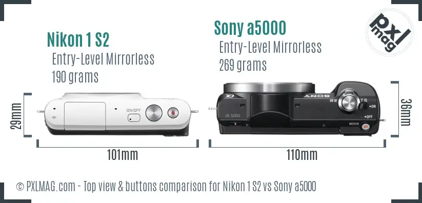 Nikon 1 S2 vs Sony a5000 top view buttons comparison