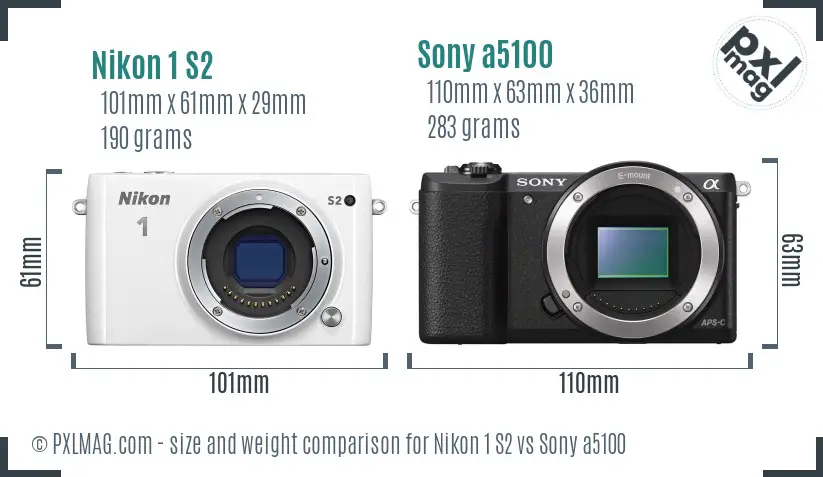 Nikon 1 S2 vs Sony a5100 size comparison