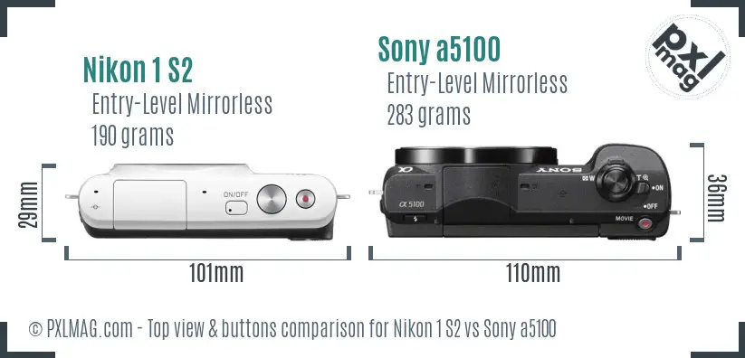 Nikon 1 S2 vs Sony a5100 top view buttons comparison