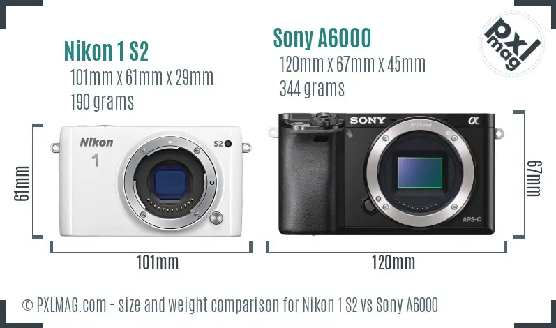 Nikon 1 S2 vs Sony A6000 size comparison