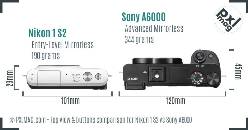 Nikon 1 S2 vs Sony A6000 top view buttons comparison