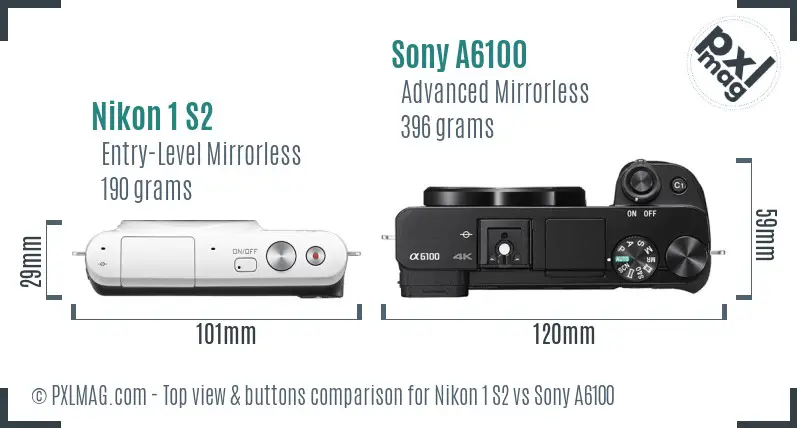 Nikon 1 S2 vs Sony A6100 top view buttons comparison