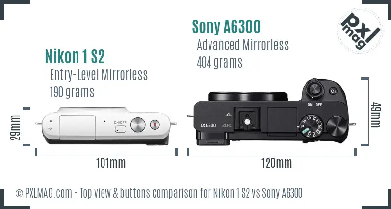 Nikon 1 S2 vs Sony A6300 top view buttons comparison