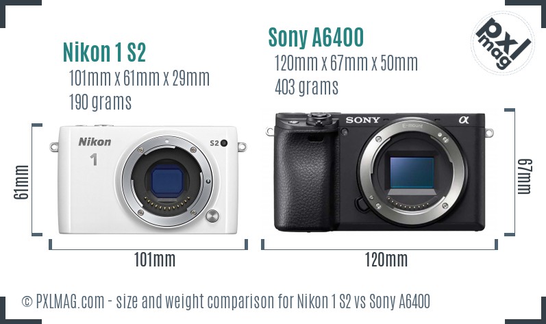 Nikon 1 S2 vs Sony A6400 size comparison Nikon 1 S2 vs Sony A6400 size comparison