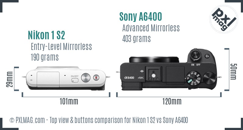 Nikon 1 S2 vs Sony A6400 top view buttons comparison