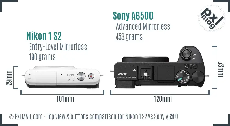 Nikon 1 S2 vs Sony A6500 top view buttons comparison