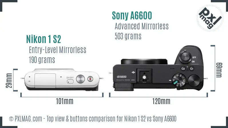 Nikon 1 S2 vs Sony A6600 top view buttons comparison