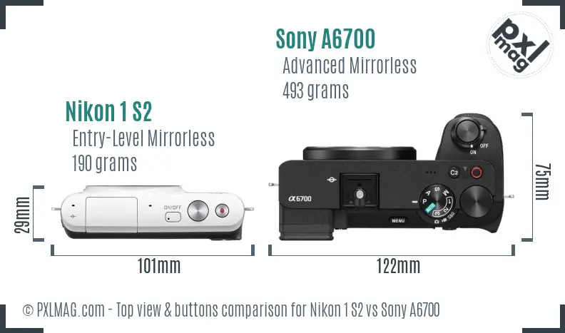 Nikon 1 S2 vs Sony A6700 top view buttons comparison