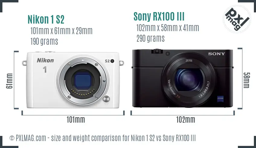 Nikon 1 S2 vs Sony RX100 III size comparison