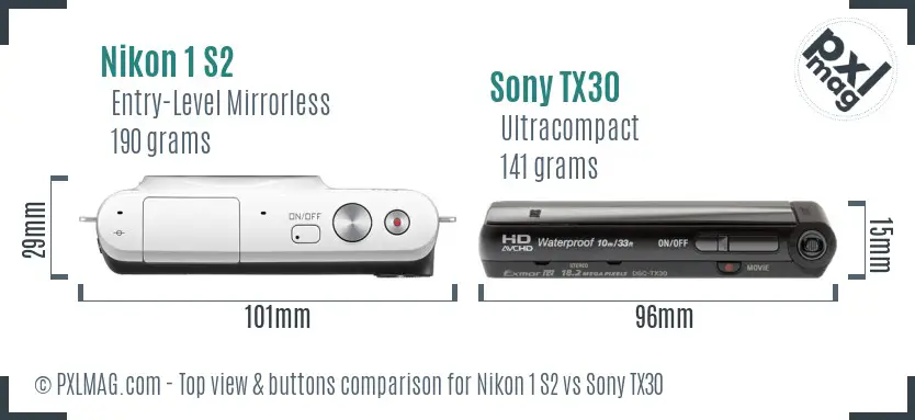 Nikon 1 S2 vs Sony TX30 top view buttons comparison