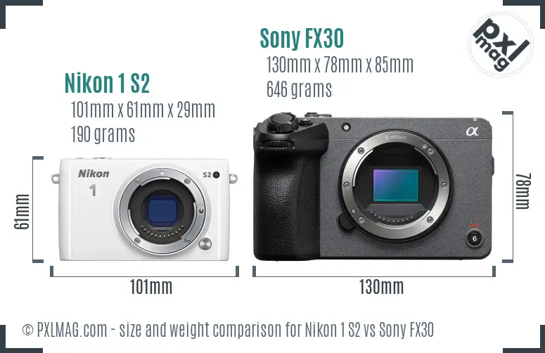 Nikon 1 S2 vs Sony FX30 size comparison