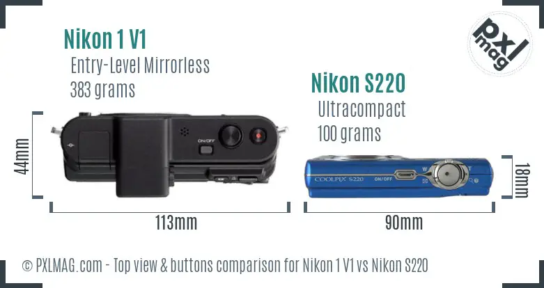 Nikon 1 V1 vs Nikon S220 top view buttons comparison