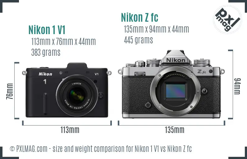 Nikon 1 V1 vs Nikon Z fc size comparison