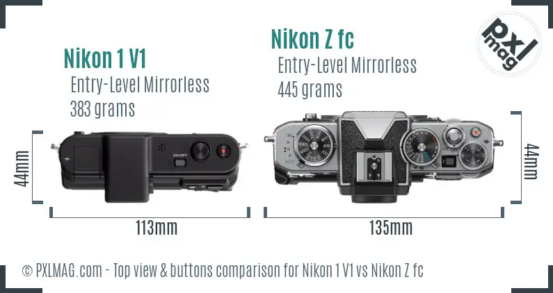 Nikon 1 V1 vs Nikon Z fc top view buttons comparison