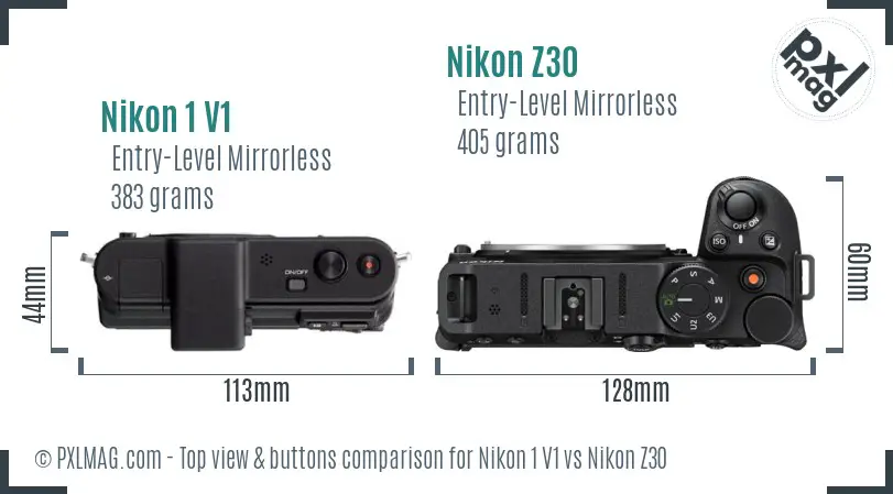 Nikon 1 V1 vs Nikon Z30 top view buttons comparison Nikon 1 V1 vs Nikon Z30 top view buttons comparison