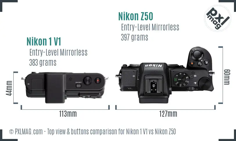 Nikon 1 V1 vs Nikon Z50 top view buttons comparison