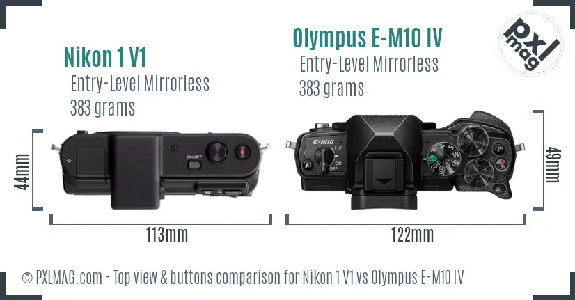 Nikon 1 V1 vs Olympus E-M10 IV top view buttons comparison Nikon 1 V1 vs Olympus E-M10 IV top view buttons comparison
