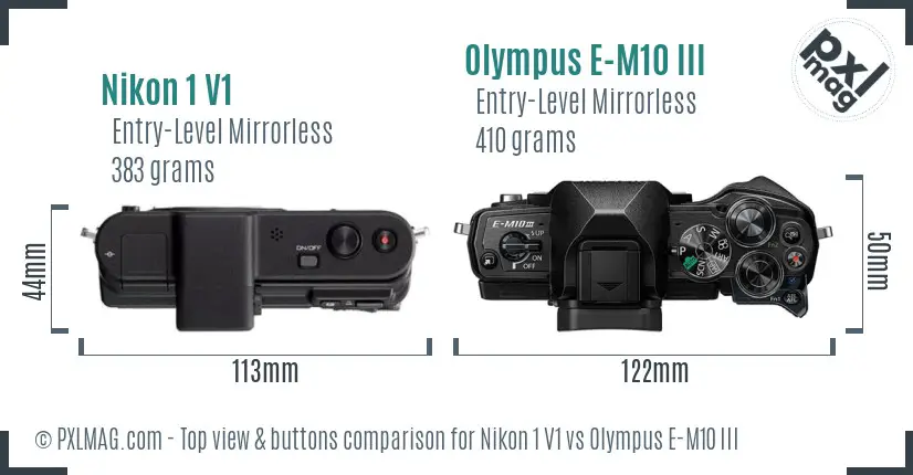 Nikon 1 V1 vs Olympus E-M10 III top view buttons comparison Nikon 1 V1 vs Olympus E-M10 III top view buttons comparison