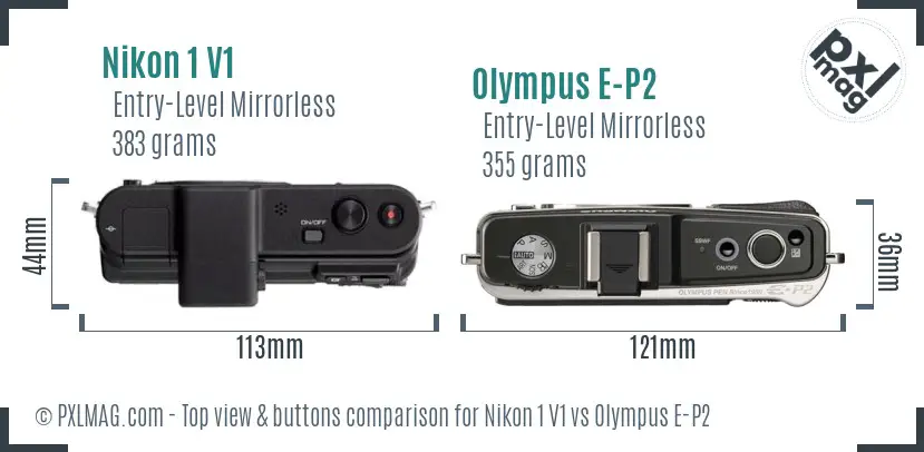 Nikon 1 V1 vs Olympus E-P2 top view buttons comparison