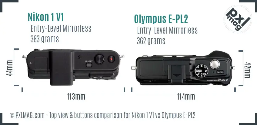 Nikon 1 V1 vs Olympus E-PL2 top view buttons comparison Nikon 1 V1 vs Olympus E-PL2 top view buttons comparison