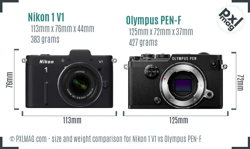 Nikon 1 V1 vs Olympus PEN-F size comparison