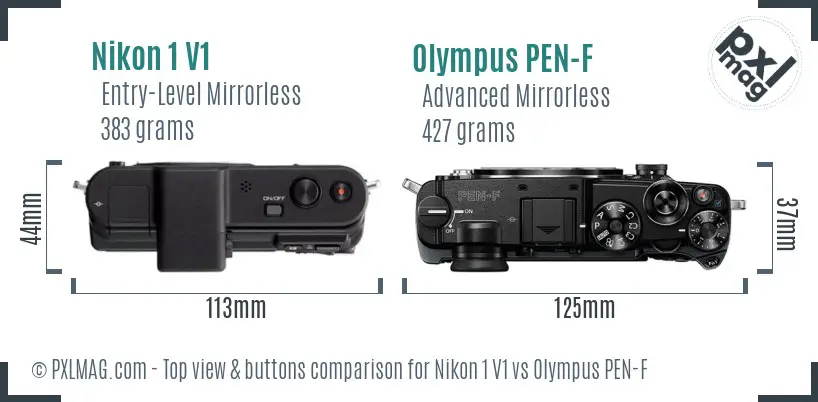 Nikon 1 V1 vs Olympus PEN-F top view buttons comparison