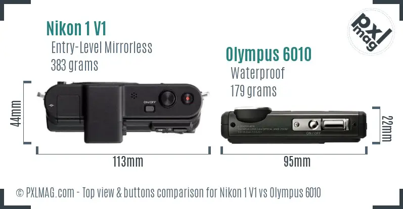 Nikon 1 V1 vs Olympus 6010 top view buttons comparison Nikon 1 V1 vs Olympus 6010 top view buttons comparison