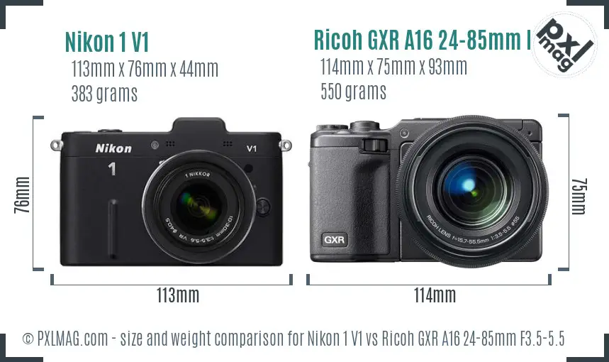 Nikon 1 V1 vs Ricoh GXR A16 24-85mm F3.5-5.5 size comparison