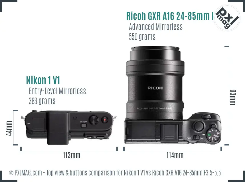 Nikon 1 V1 vs Ricoh GXR A16 24-85mm F3.5-5.5 top view buttons comparison