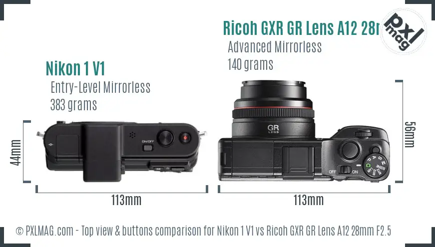 Nikon 1 V1 vs Ricoh GXR GR Lens A12 28mm F2.5 top view buttons comparison