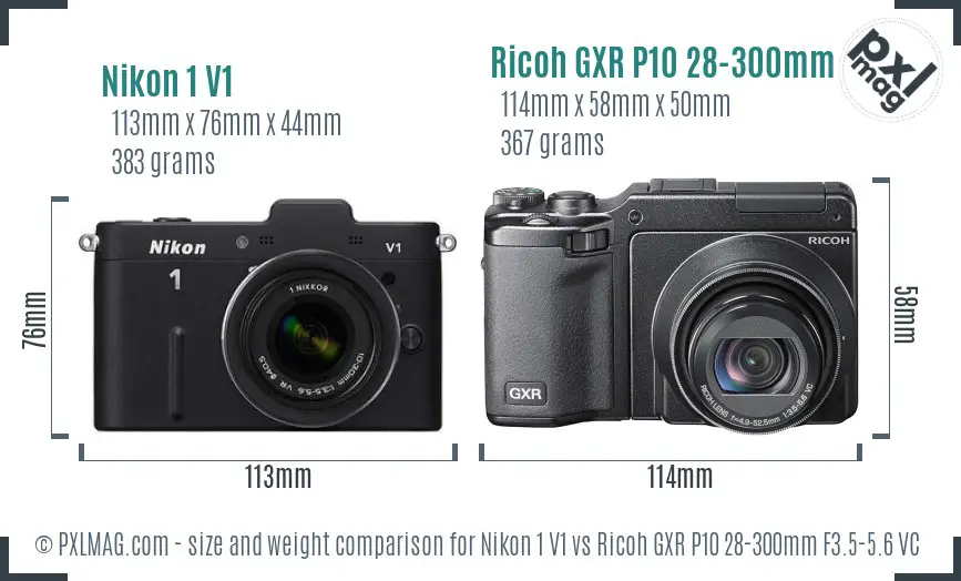 Nikon 1 V1 vs Ricoh GXR P10 28-300mm F3.5-5.6 VC size comparison