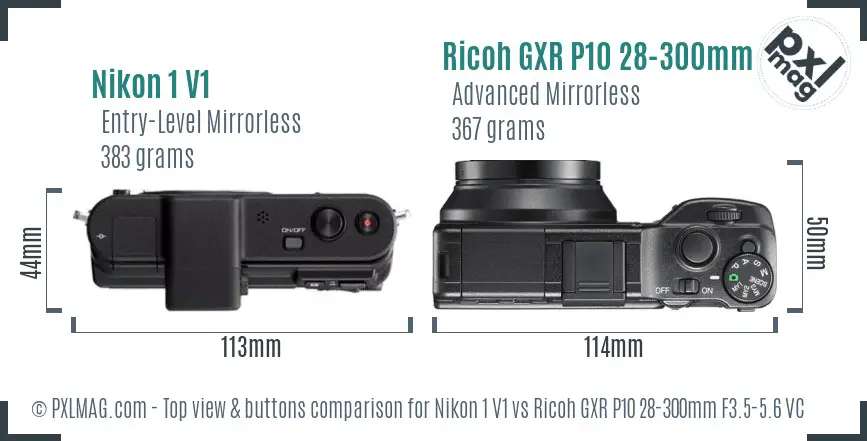 Nikon 1 V1 vs Ricoh GXR P10 28-300mm F3.5-5.6 VC top view buttons comparison