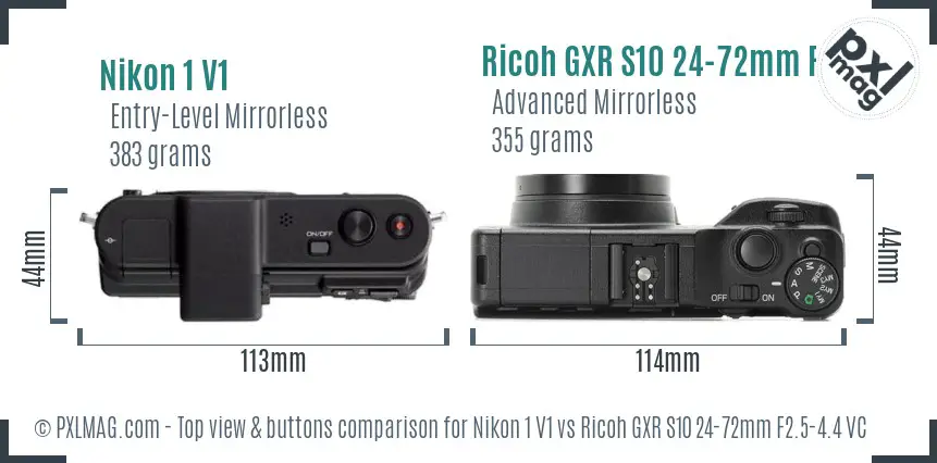 Nikon 1 V1 vs Ricoh GXR S10 24-72mm F2.5-4.4 VC top view buttons comparison