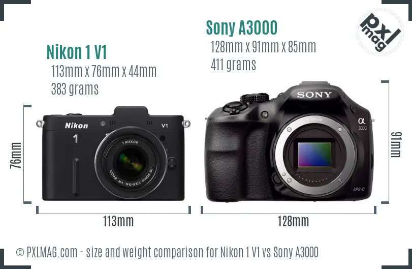 Nikon 1 V1 vs Sony A3000 size comparison