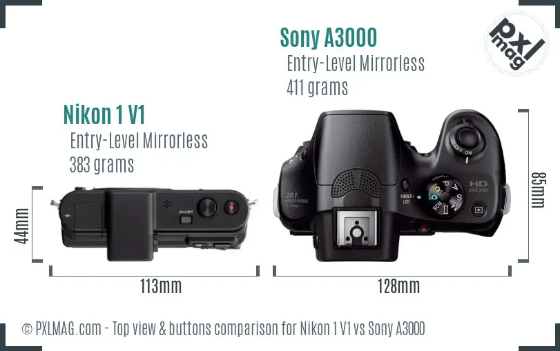 Nikon 1 V1 vs Sony A3000 top view buttons comparison