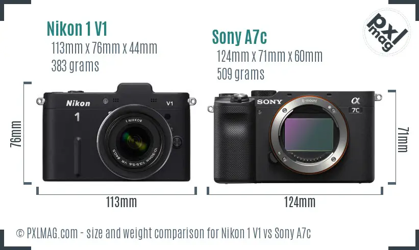 Nikon 1 V1 vs Sony A7c size comparison