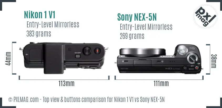 Nikon 1 V1 vs Sony NEX-5N top view buttons comparison Nikon 1 V1 vs Sony NEX-5N top view buttons comparison