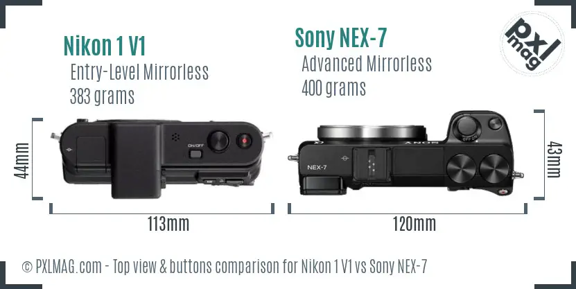 Nikon 1 V1 vs Sony NEX-7 top view buttons comparison Nikon 1 V1 vs Sony NEX-7 top view buttons comparison