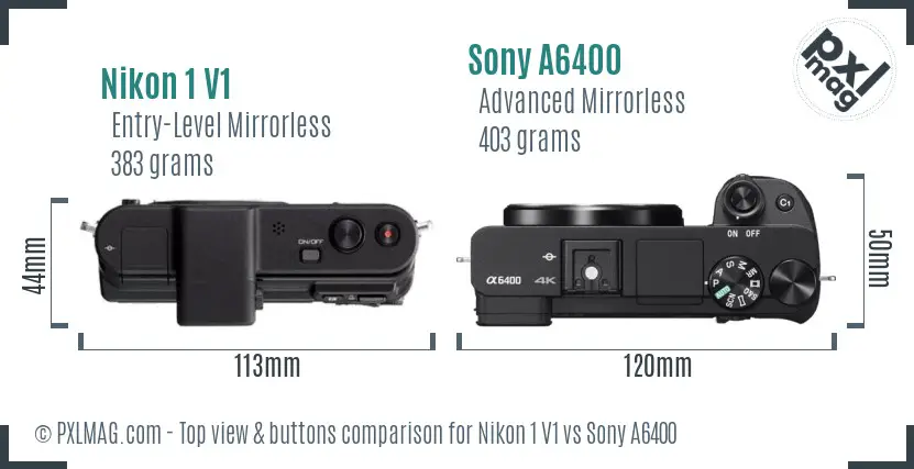 Nikon 1 V1 vs Sony A6400 top view buttons comparison Nikon 1 V1 vs Sony A6400 top view buttons comparison