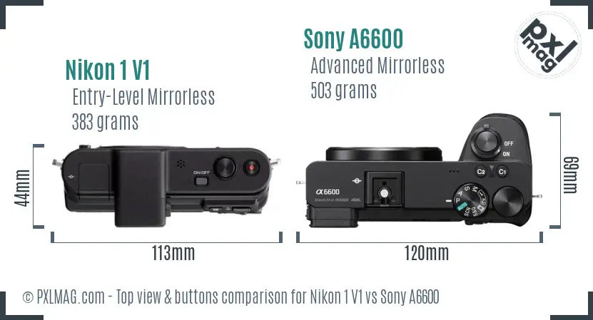 Nikon 1 V1 vs Sony A6600 top view buttons comparison