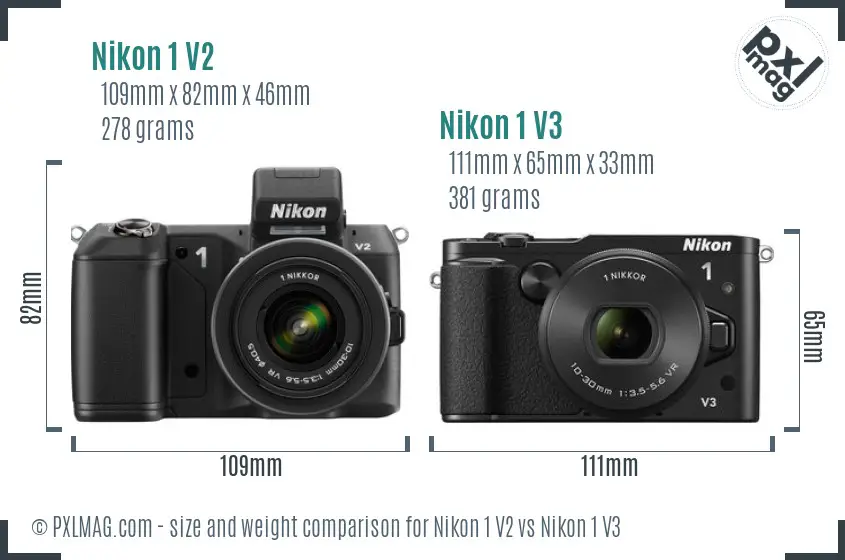 Nikon 1 V2 vs Nikon 1 V3 size comparison